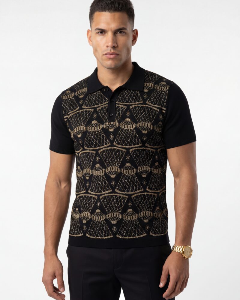 Front view of a man wearing a black midweight jacquard polo shirt with a gold lurex geometric Messob-inspired pattern on the front panel.